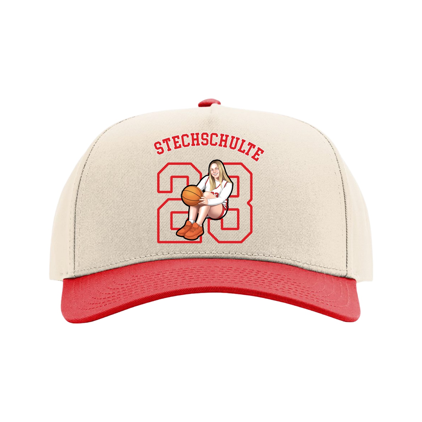 Full Fabric Five-Panel Champ Cap — Shirsey Arch in Cream/Red
