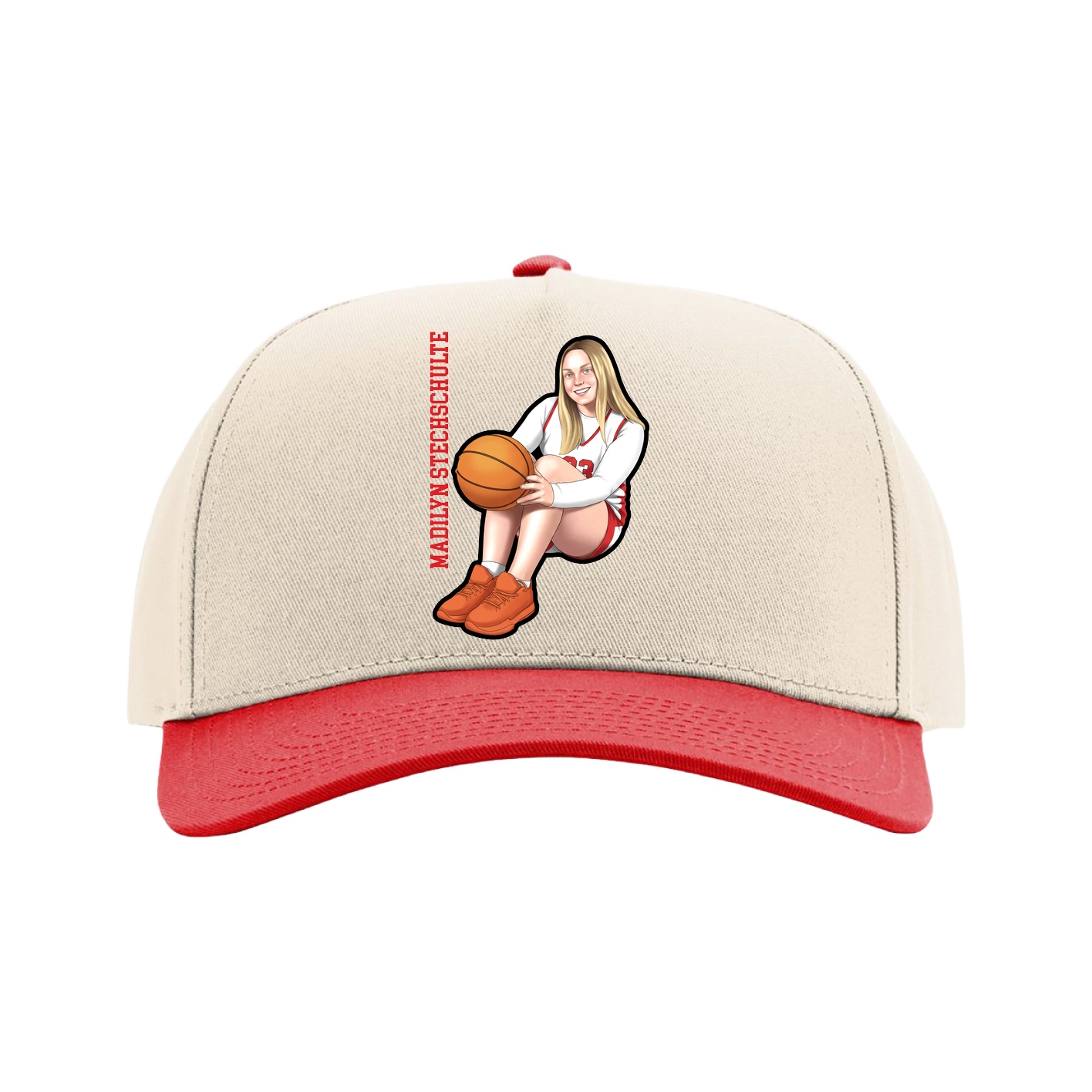Full Fabric Five-Panel Champ Cap — Name Vertical in Cream/Red