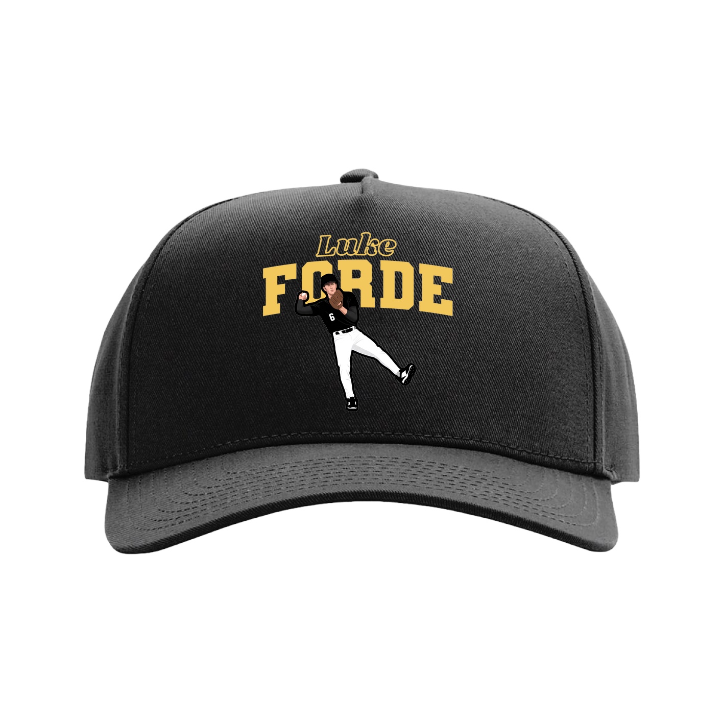 Full Fabric Five-Panel Champ Cap — Name Arch in Black