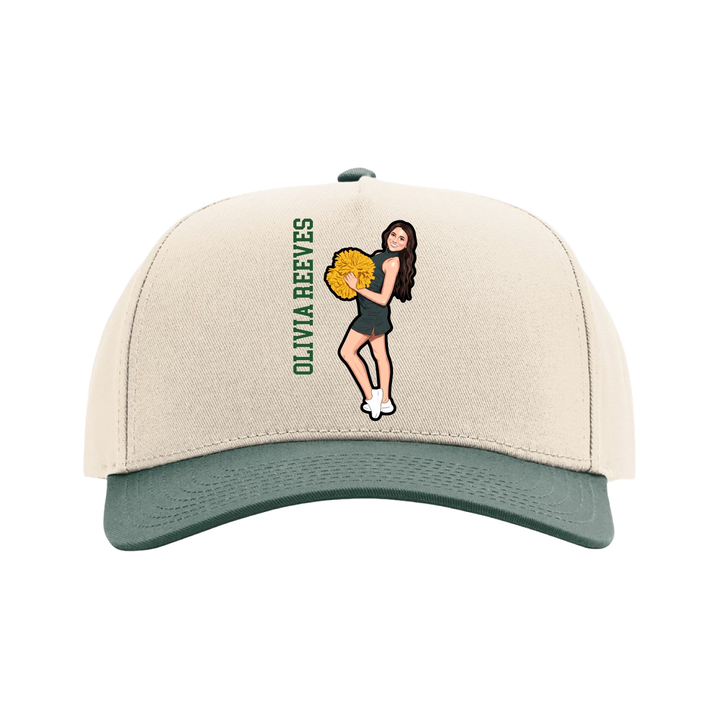 Full Fabric Five-Panel Champ Cap — Name Vertical in Cream/Green