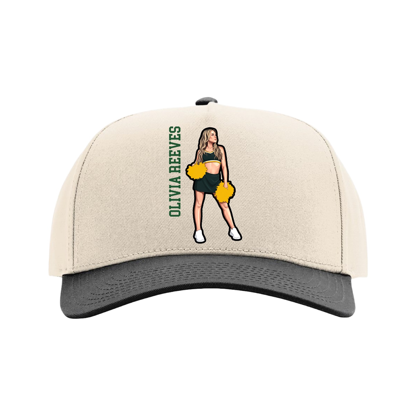 Full Fabric Five-Panel Champ Cap — Name Vertical in Cream/Black