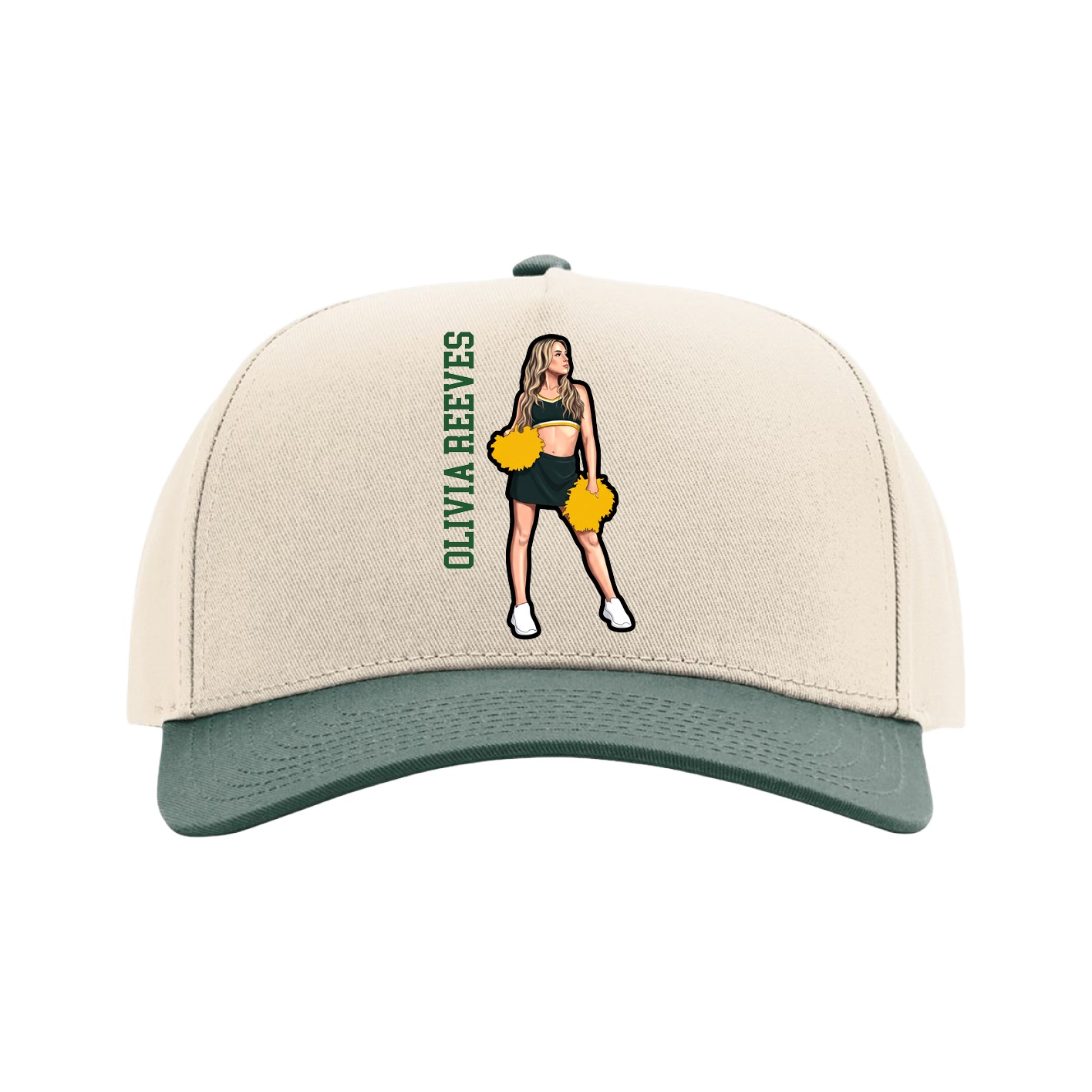 Full Fabric Five-Panel Champ Cap — Name Vertical in Cream/Green