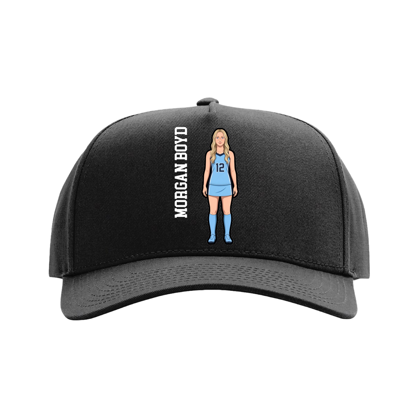 Full Fabric Five-Panel Champ Cap — Name Vertical in Black