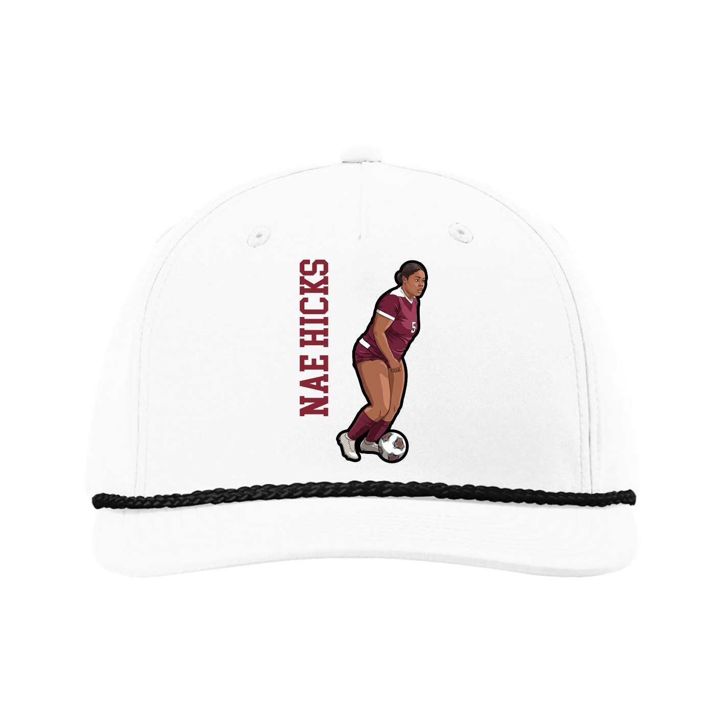 Five-Panel Classic Rope Cap — Name Vertical in White