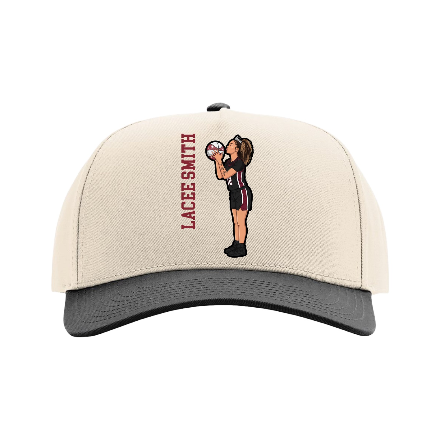 Full Fabric Five-Panel Champ Cap — Name Vertical in Cream/Black