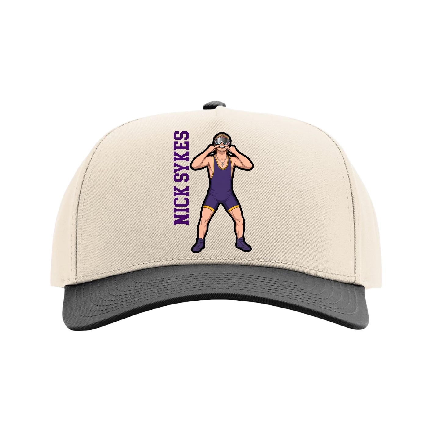 Full Fabric Five-Panel Champ Cap — Name Vertical in Cream/Black