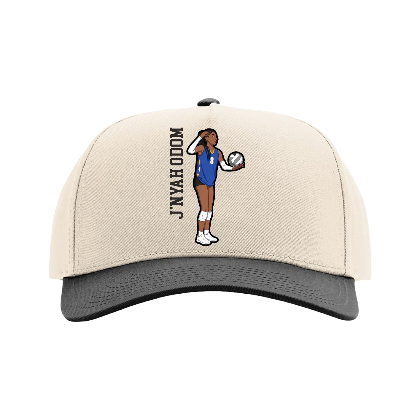 Full Fabric Five-Panel Champ Cap — Name Vertical in Cream/Black