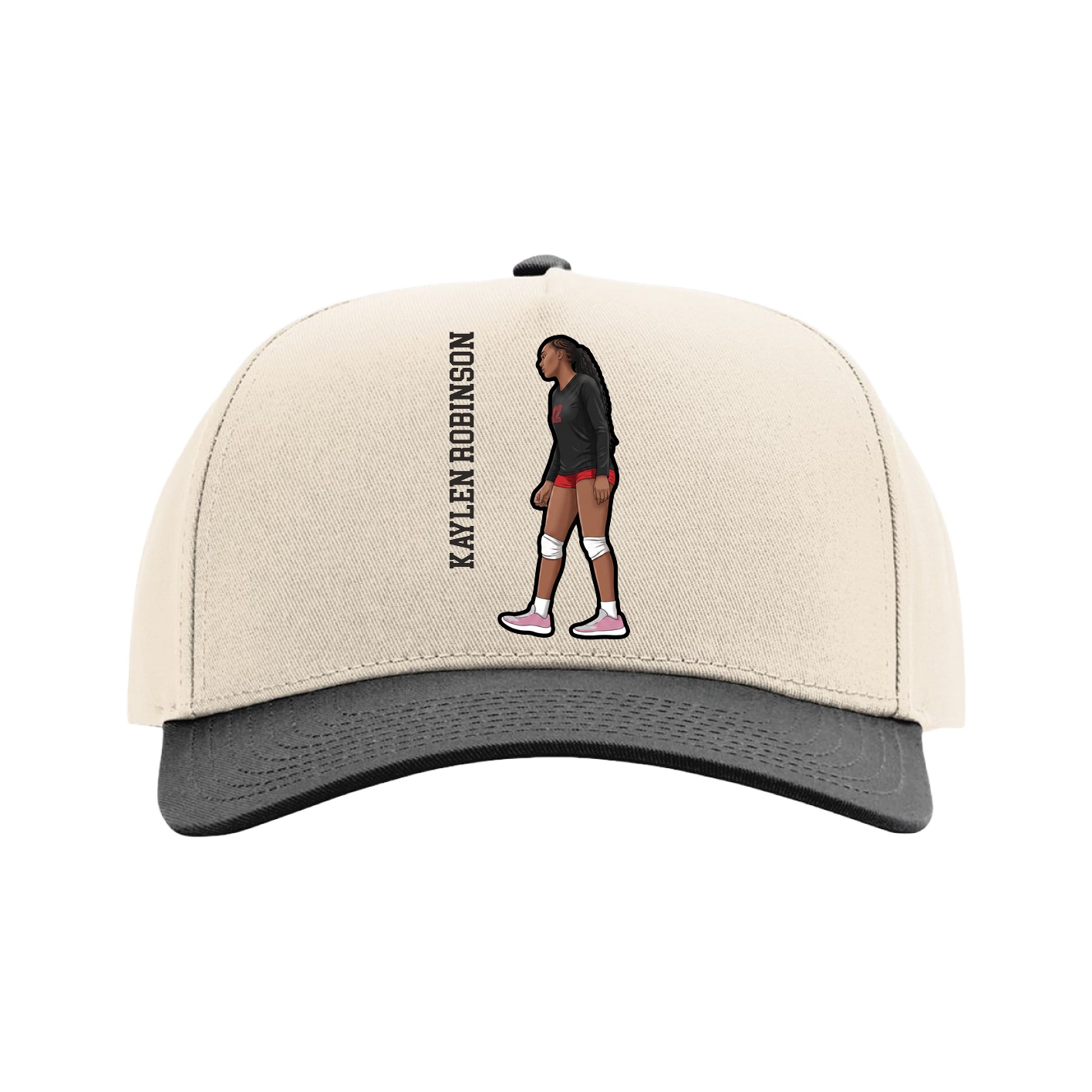 Full Fabric Five-Panel Champ Cap — Name Vertical in Cream/Black