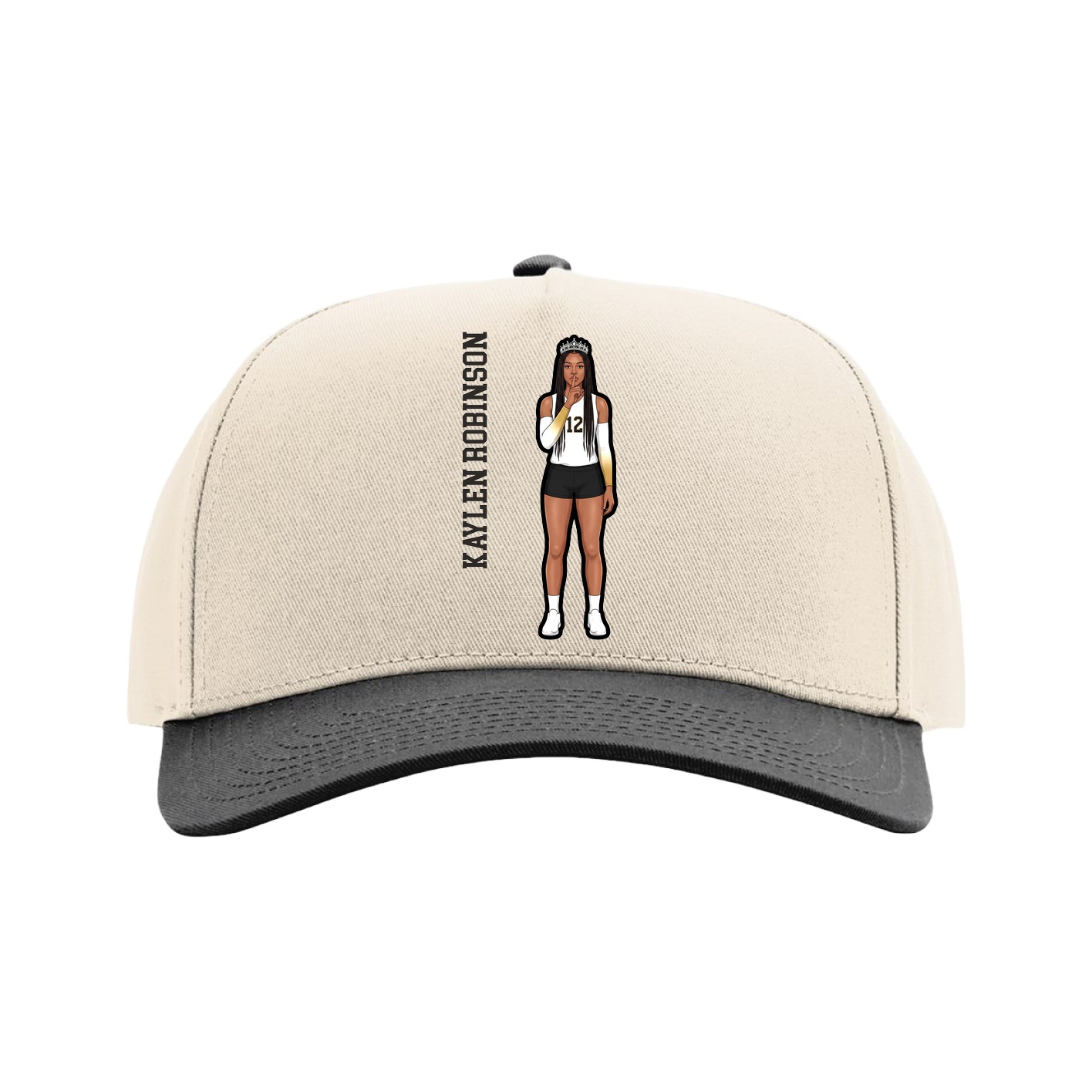 Full Fabric Five-Panel Champ Cap — Name Vertical in Cream/Black