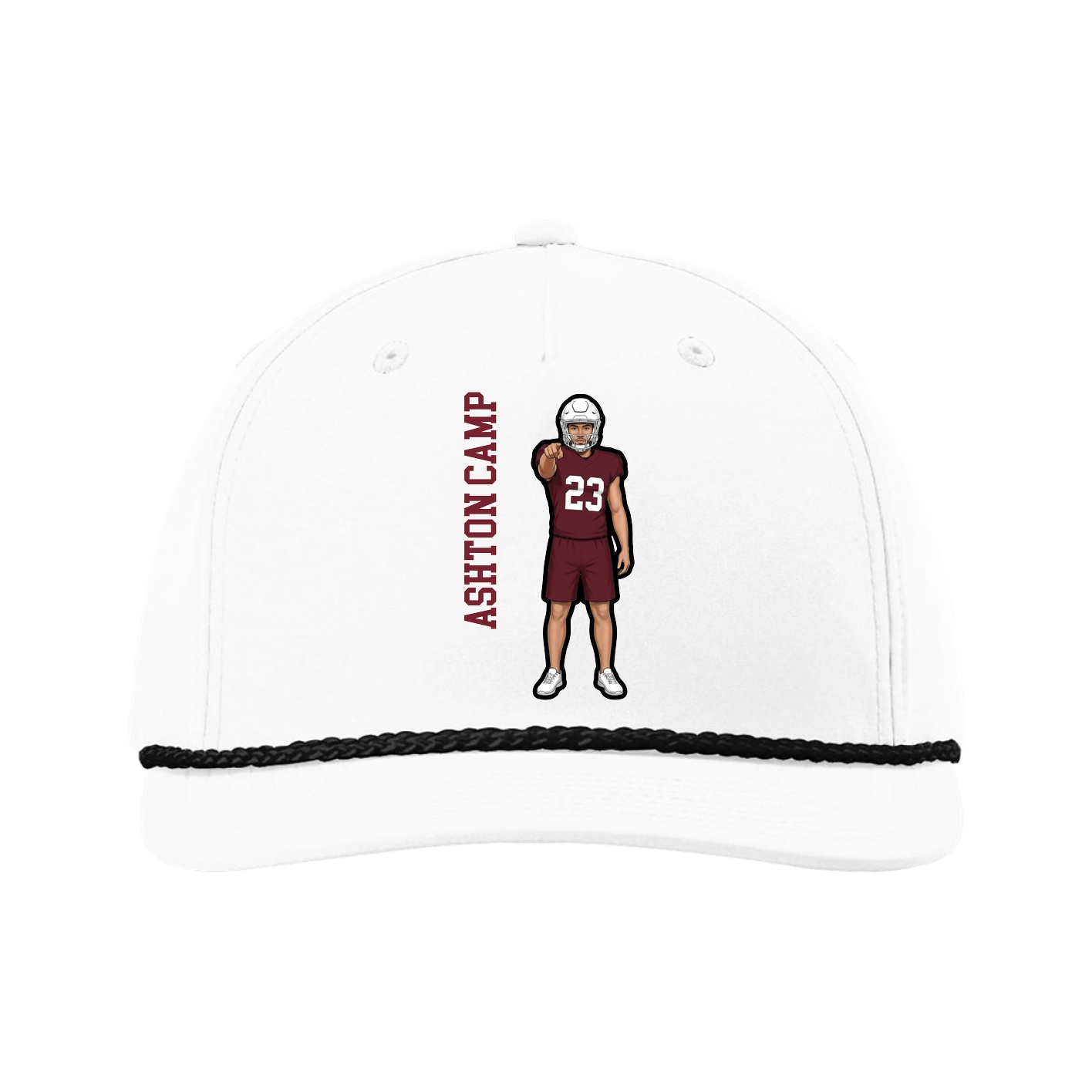 Five-Panel Classic Rope Cap — Name Vertical in White