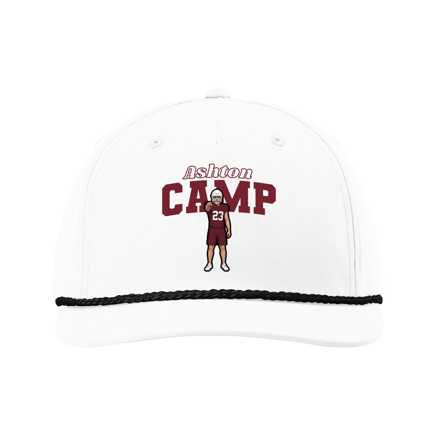 Five-Panel Classic Rope Cap — Name Arch in White
