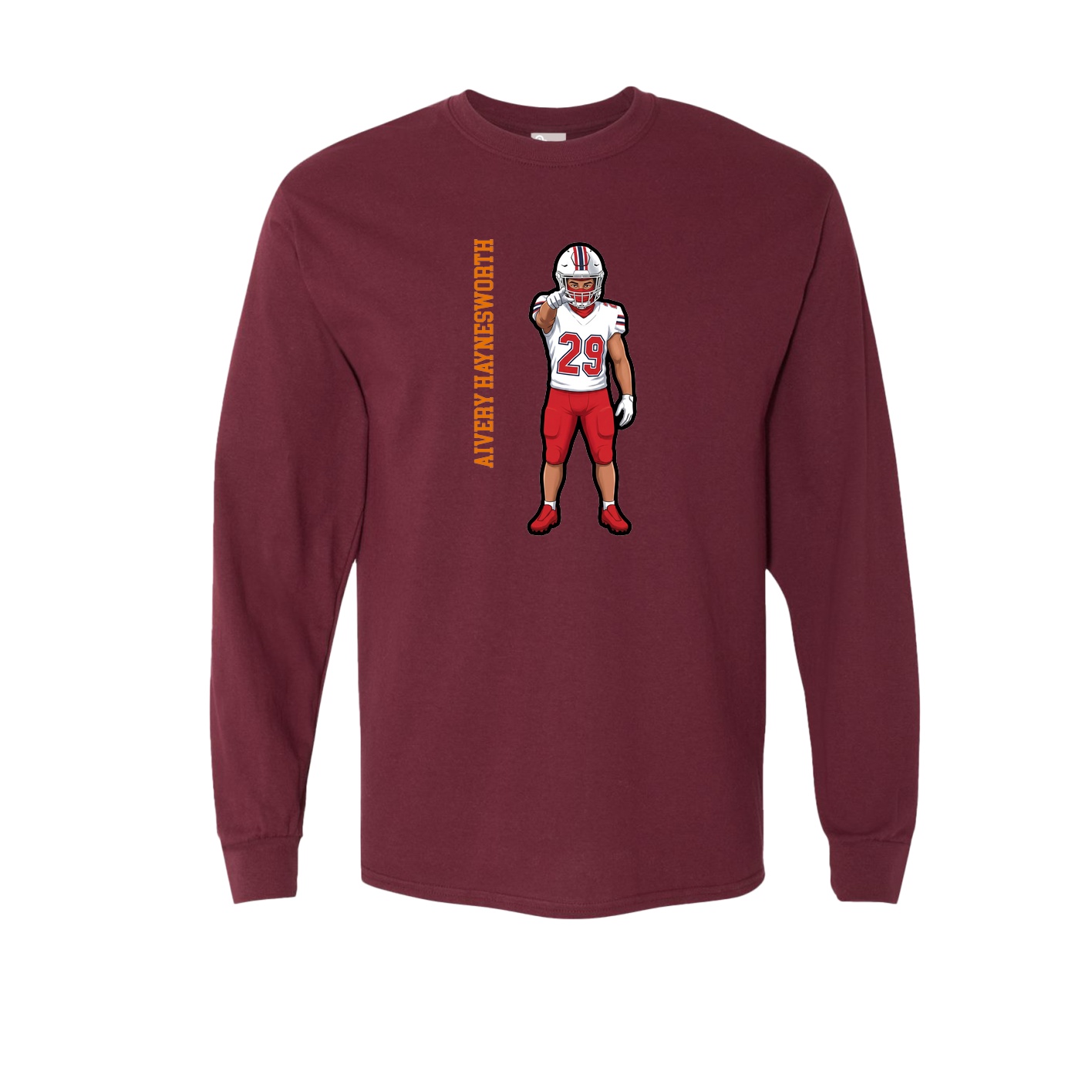Long Sleeve Tee — Name Vertical in Maroon
