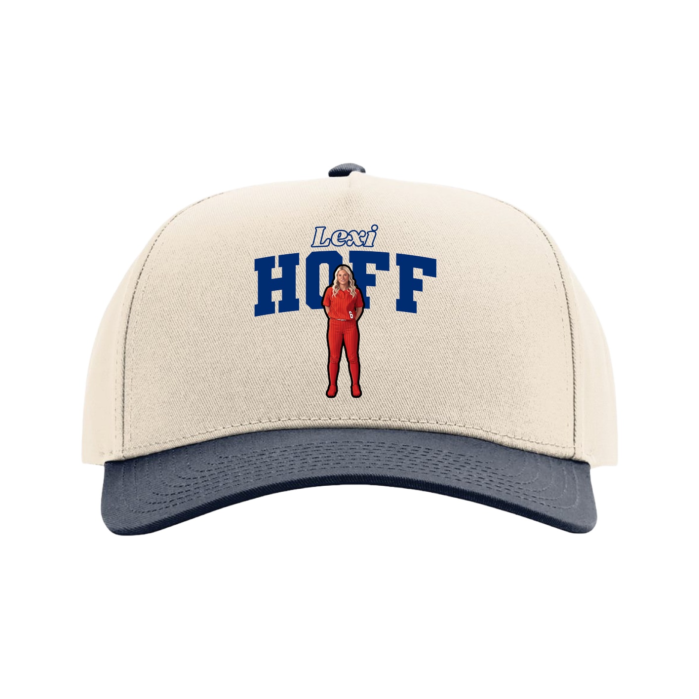 Full Fabric Five-Panel Champ Cap — Name Arch in Cream/Navy