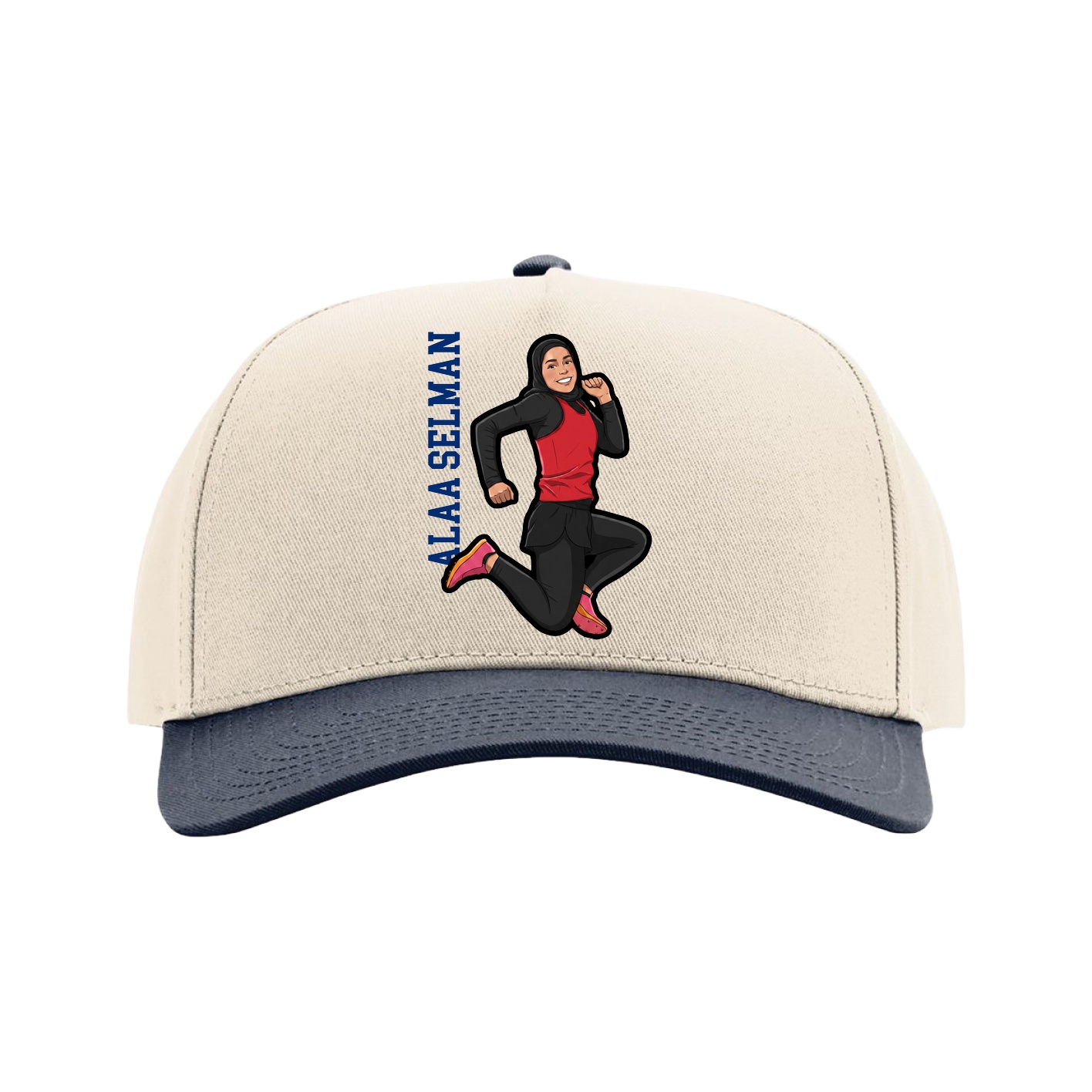 Full Fabric Five-Panel Champ Cap — Name Vertical in Cream/Navy
