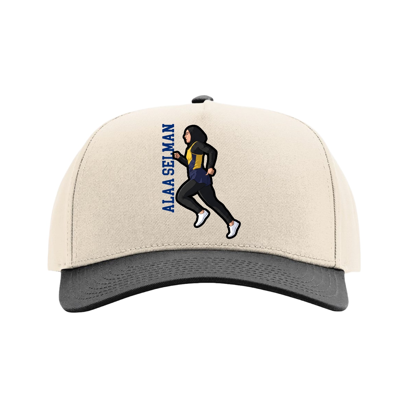 Full Fabric Five-Panel Champ Cap — Name Vertical in Cream/Black