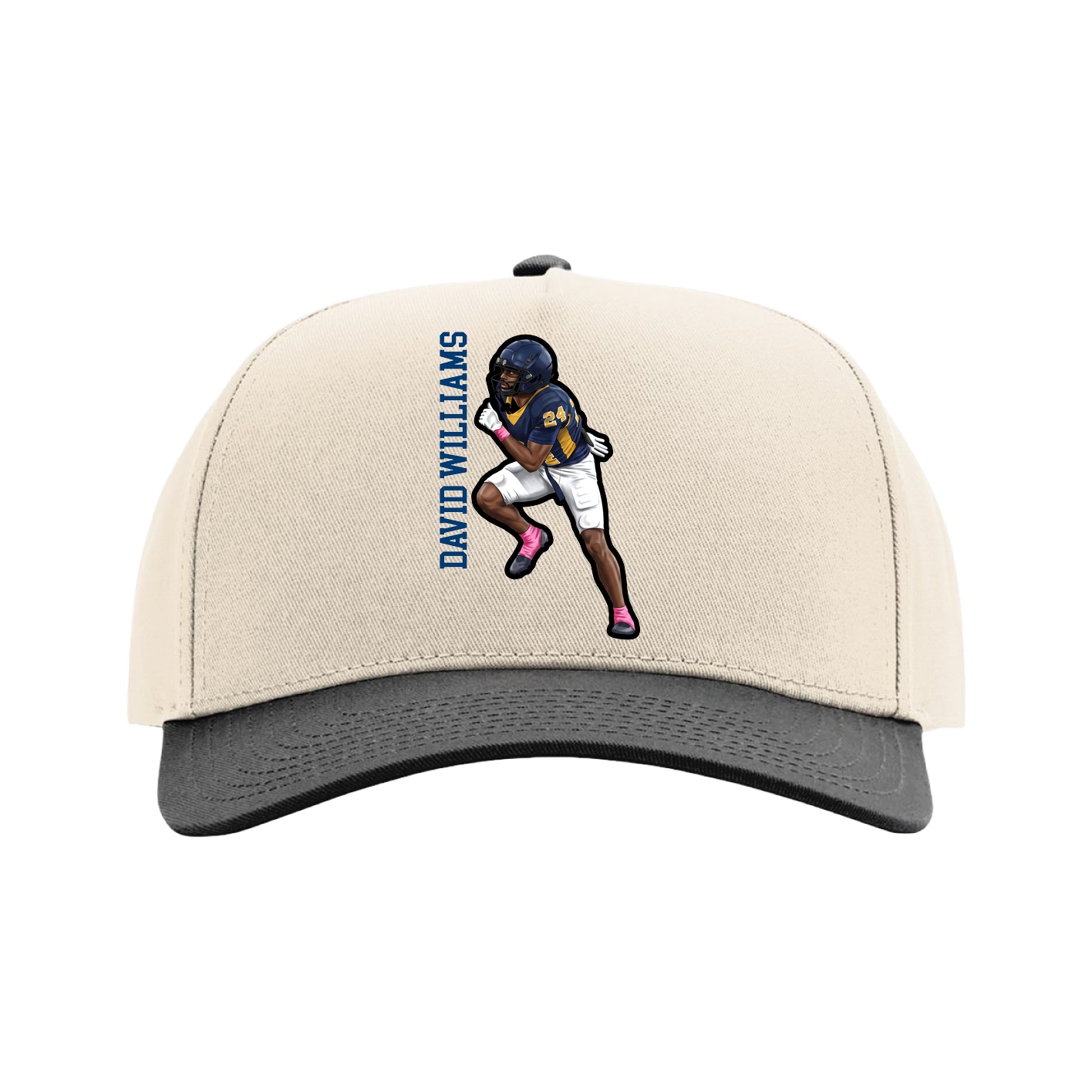 Full Fabric Five-Panel Champ Cap — Name Vertical in Cream/Black