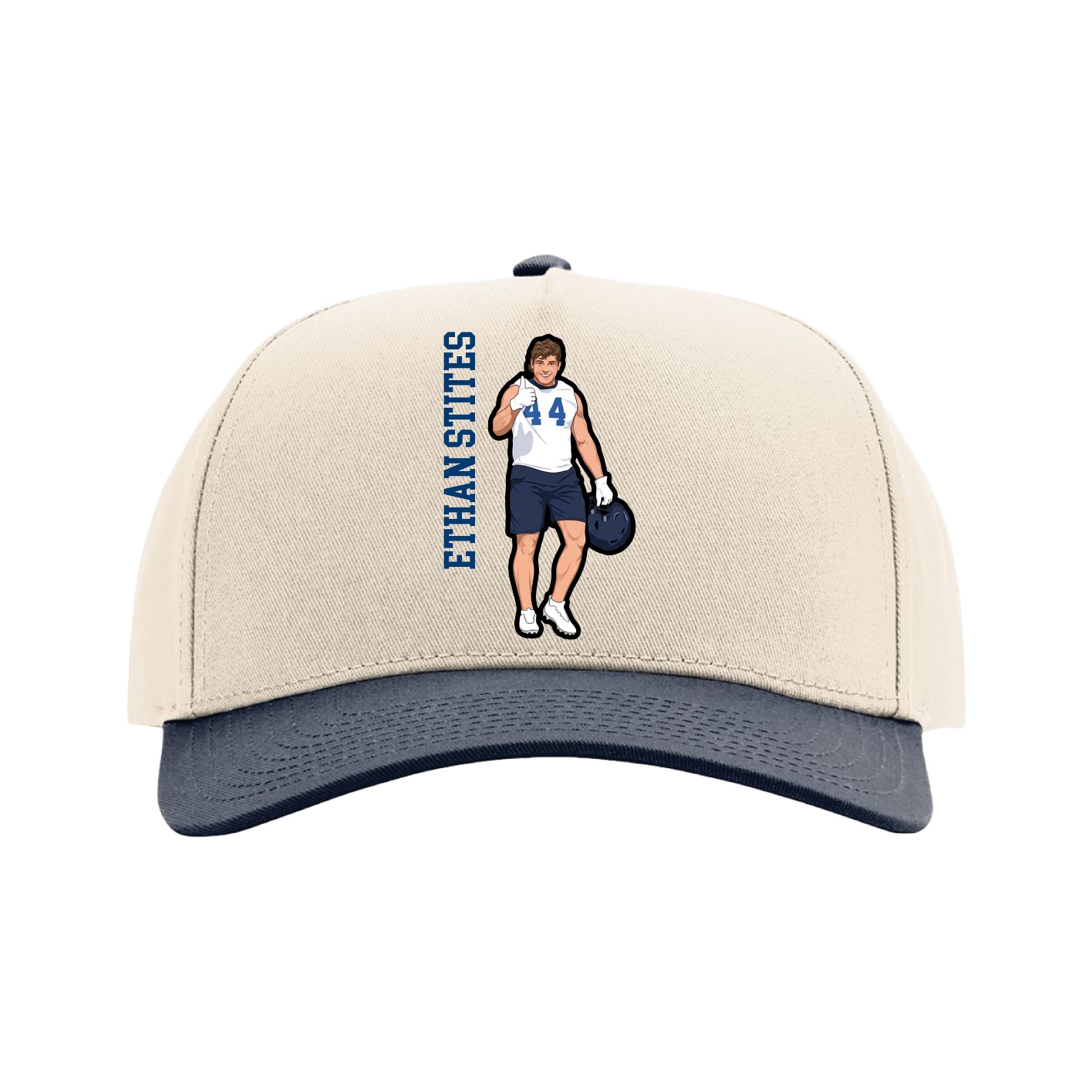 Full Fabric Five-Panel Champ Cap — Name Vertical in Cream/Navy