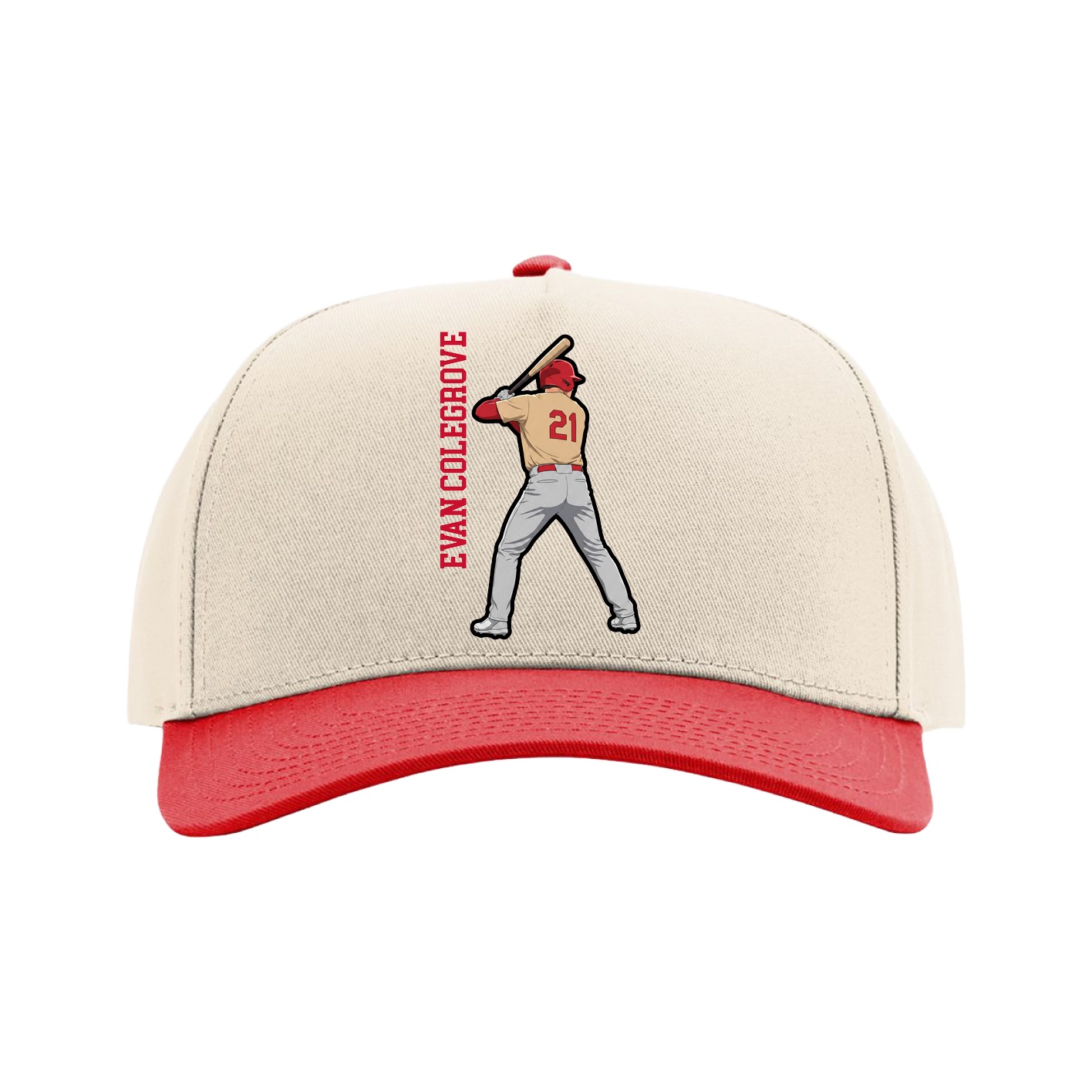 Full Fabric Five-Panel Champ Cap — Name Vertical in Cream/Red