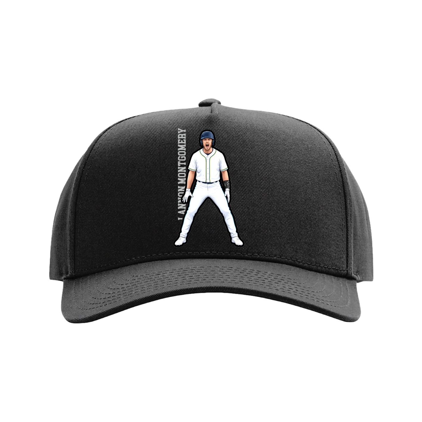 Full Fabric Five-Panel Champ Cap — Name Vertical in Black