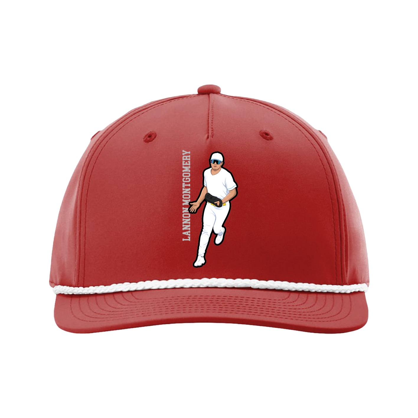 Five-Panel Classic Rope Cap — Name Vertical in Red
