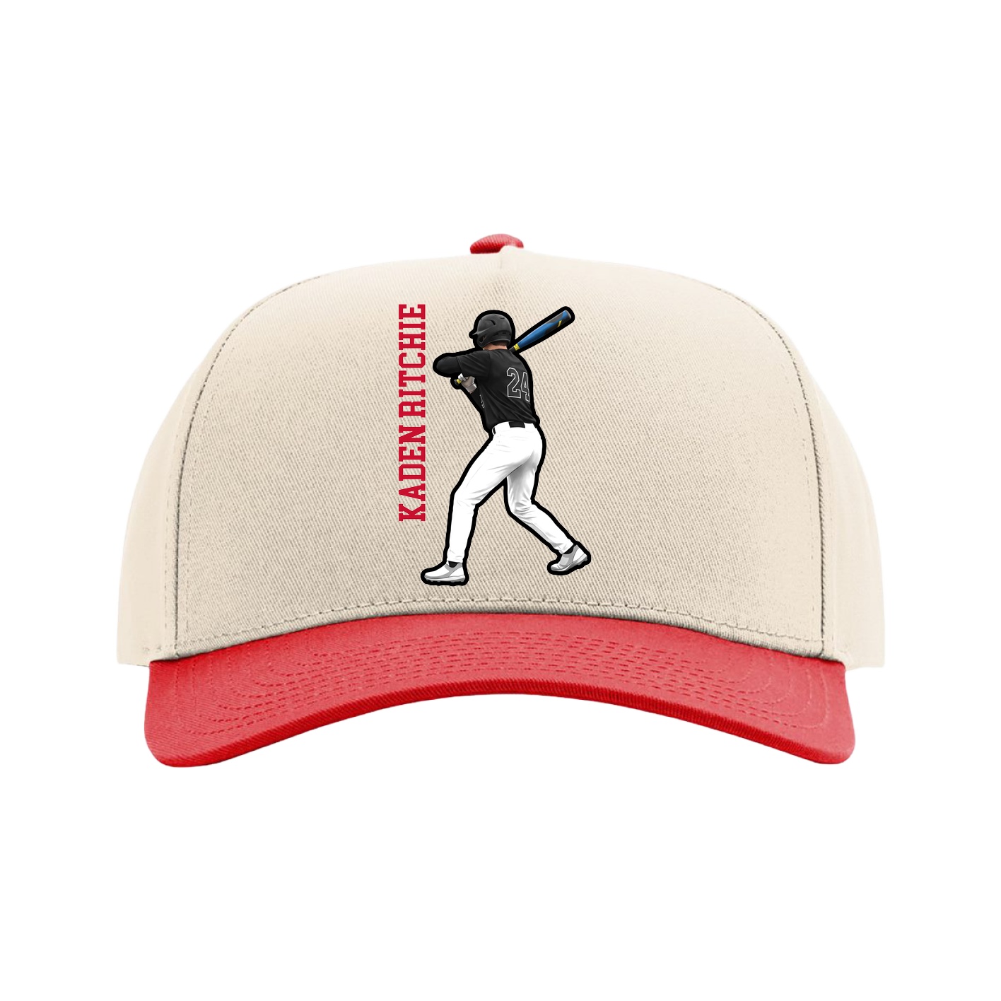 Full Fabric Five-Panel Champ Cap — Name Vertical in Cream/Red