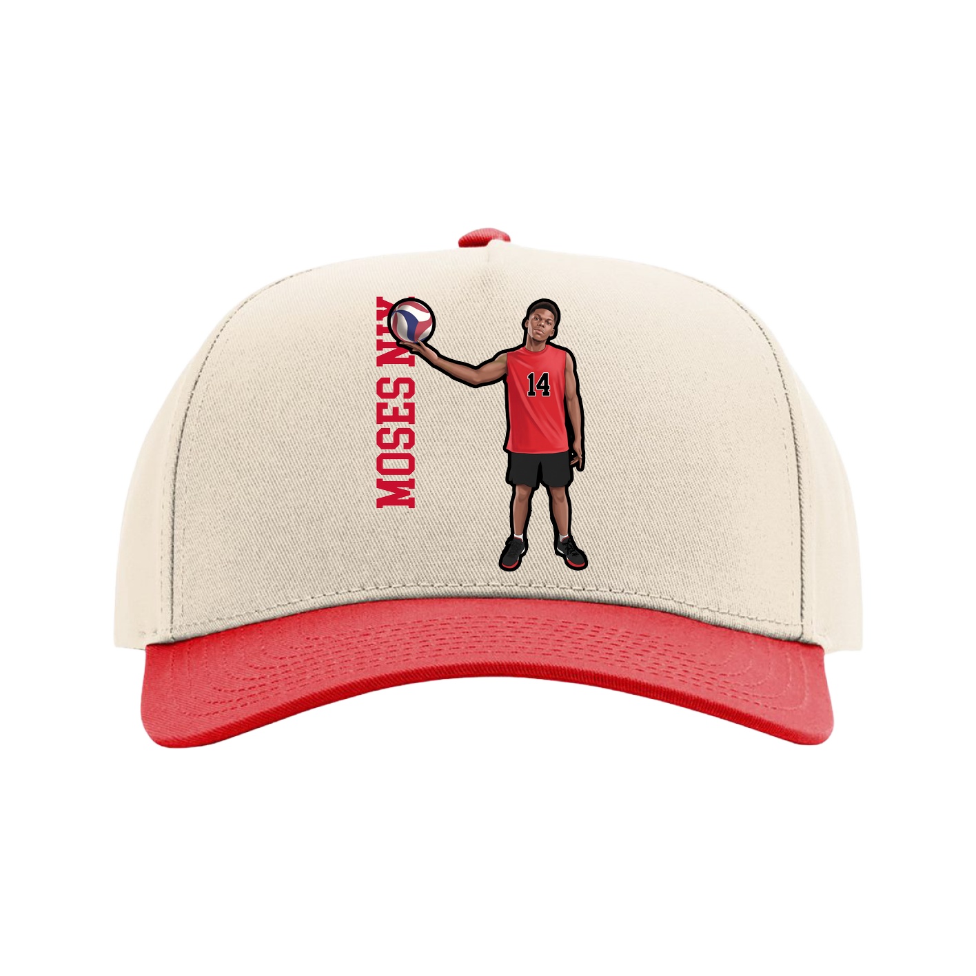 Full Fabric Five-Panel Champ Cap — Name Vertical in Cream/Red