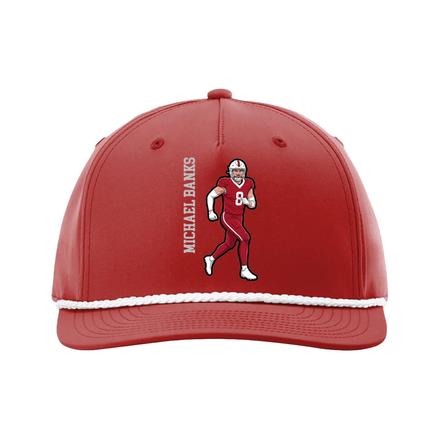 Five-Panel Classic Rope Cap — Name Vertical in Red