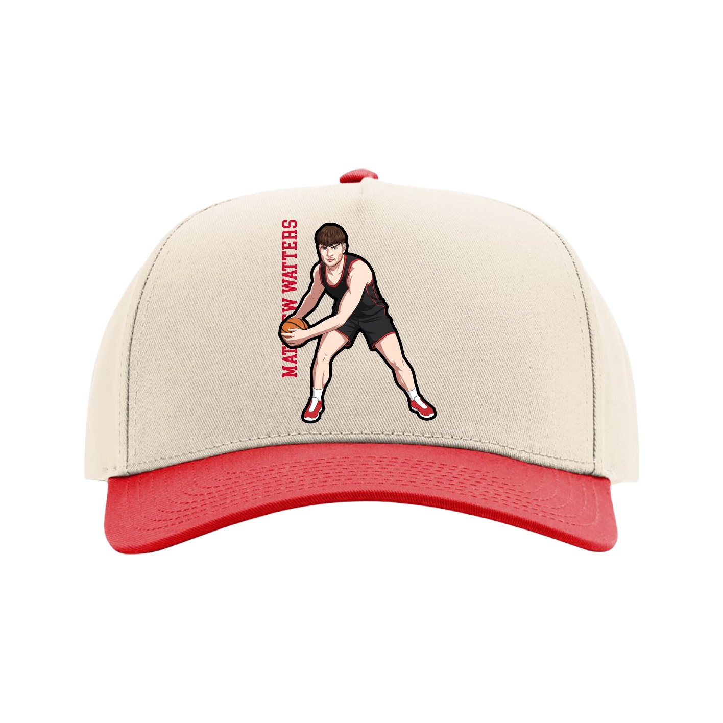 Full Fabric Five-Panel Champ Cap — Name Vertical in Cream/Red