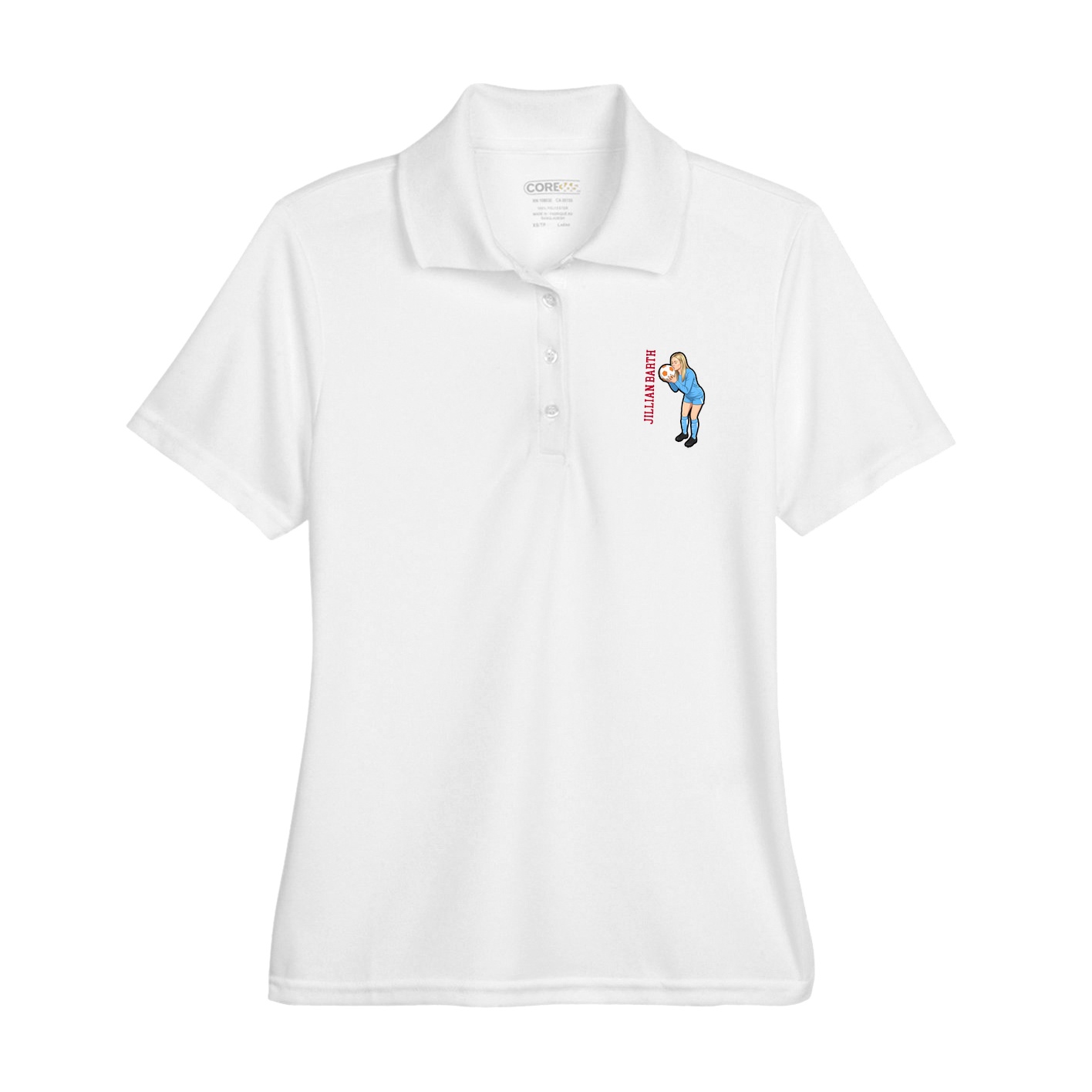 Womens Performance Polo — Name Vertical in White
