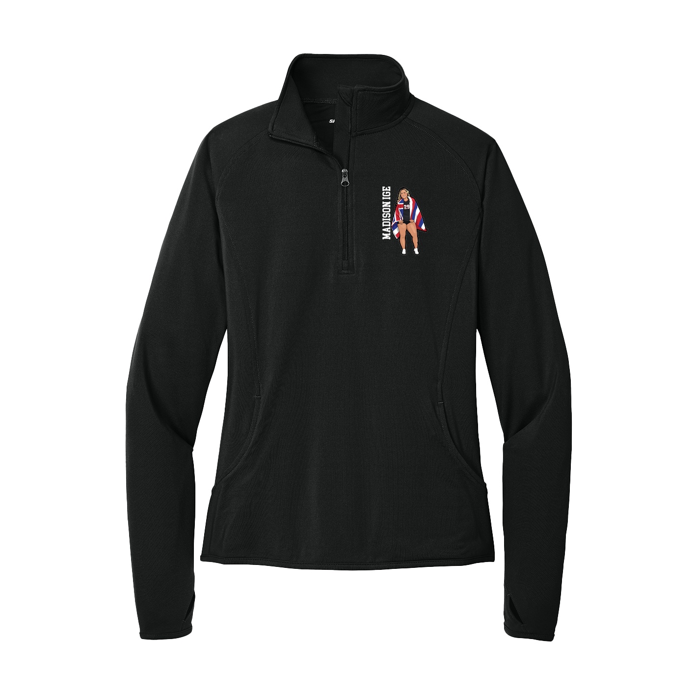 Women's Q-Zip Pullover — Name Vertical in Black