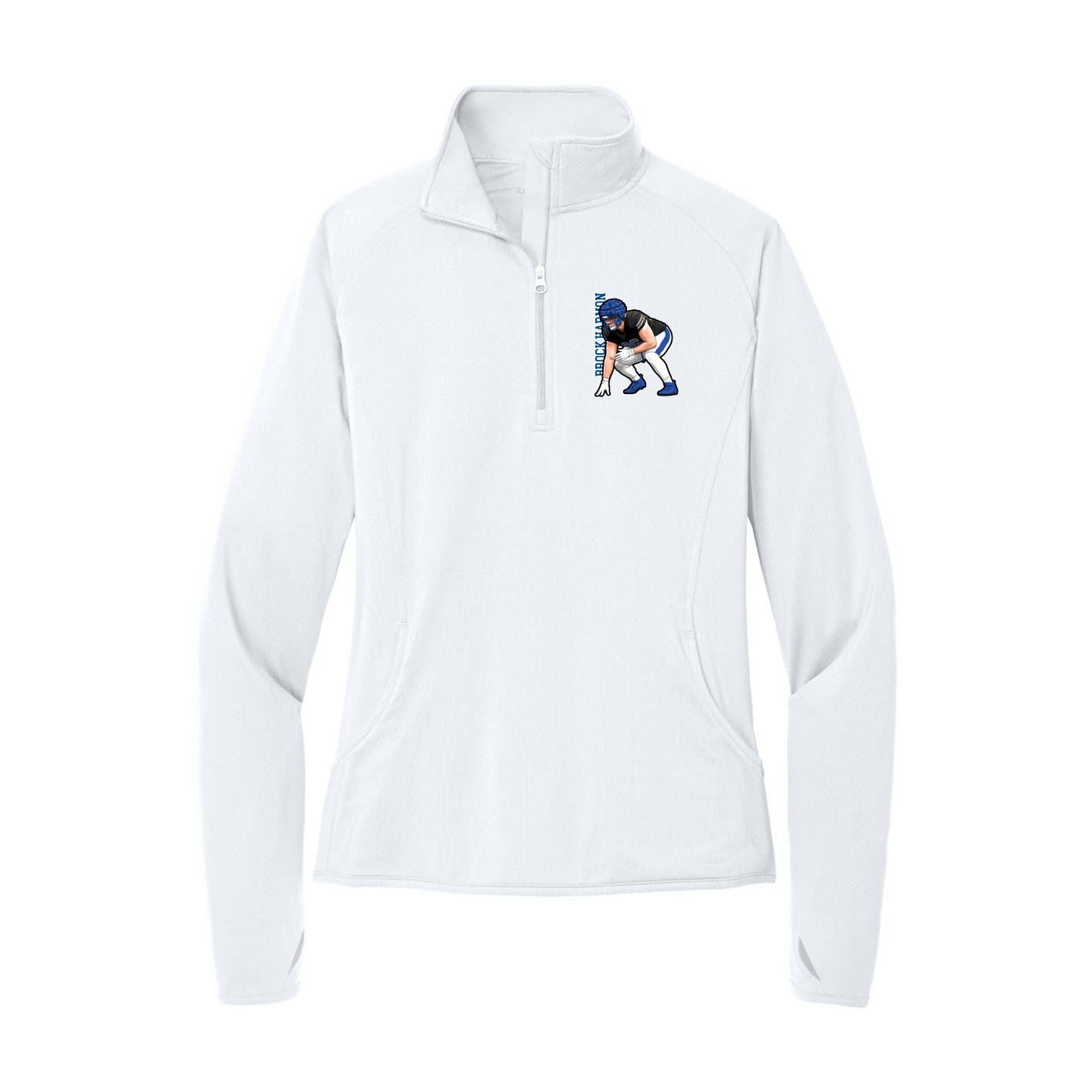 Women's Q-Zip Pullover — Name Vertical in White