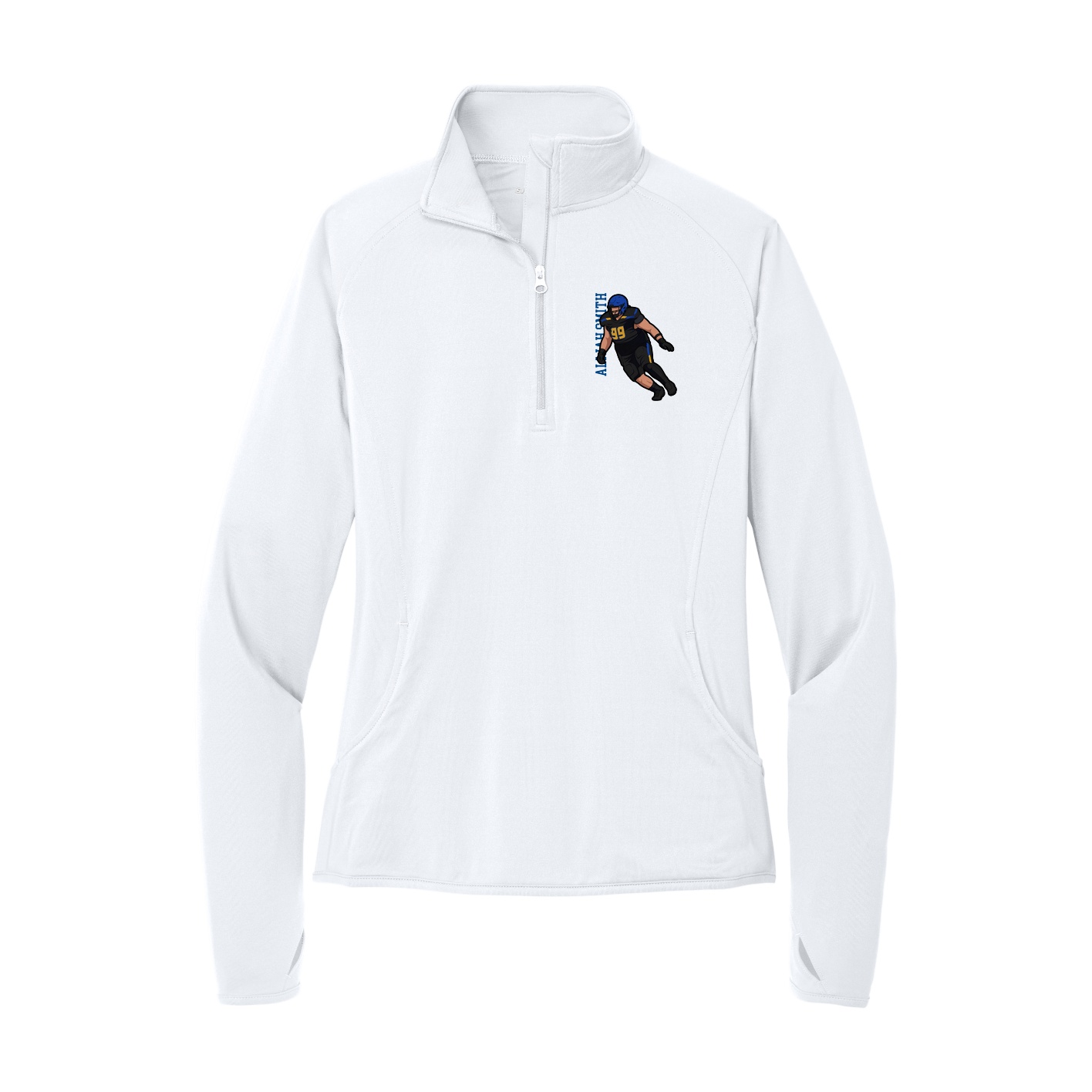Women's Q-Zip Pullover — Name Vertical in White