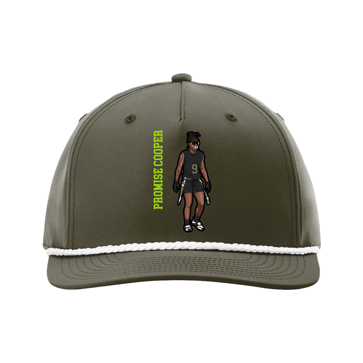 Five-Panel Classic Rope Cap — Name Vertical in Green