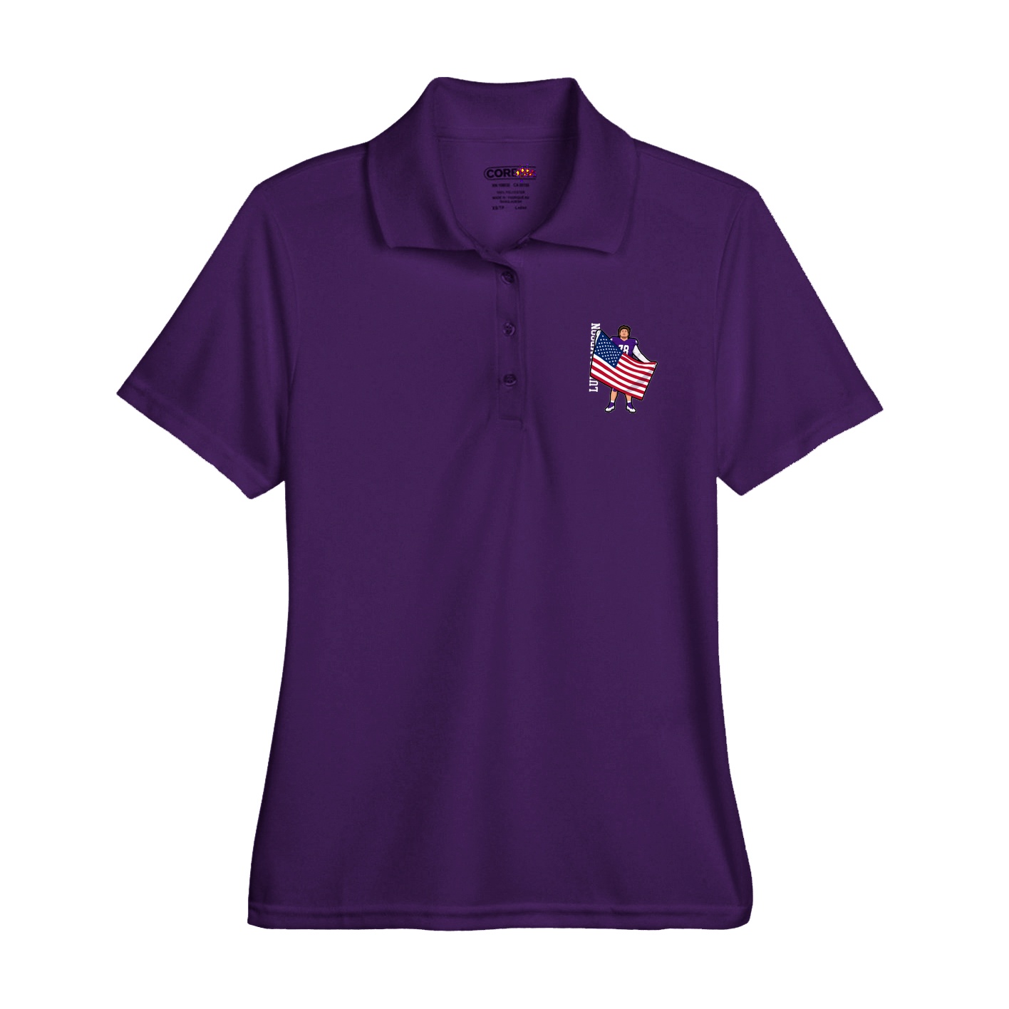 Womens Performance Polo — Name Vertical in Purple