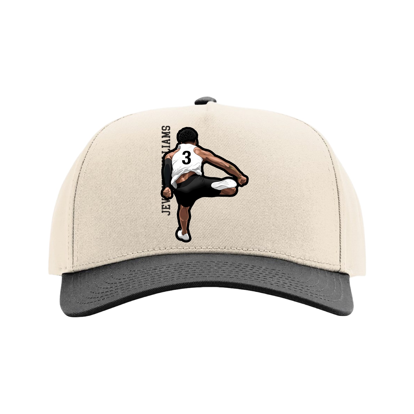 Full Fabric Five-Panel Champ Cap — Name Vertical in Cream/Black