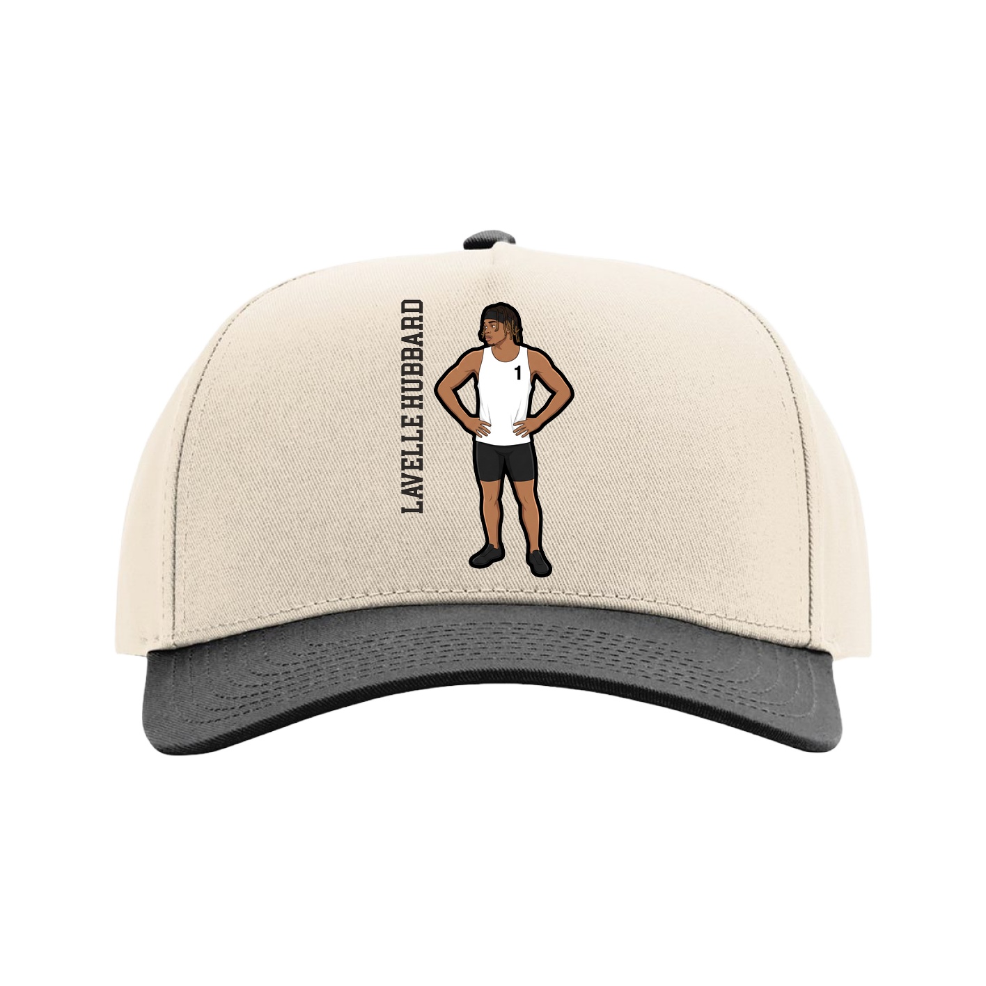 Full Fabric Five-Panel Champ Cap — Name Vertical in Cream/Black