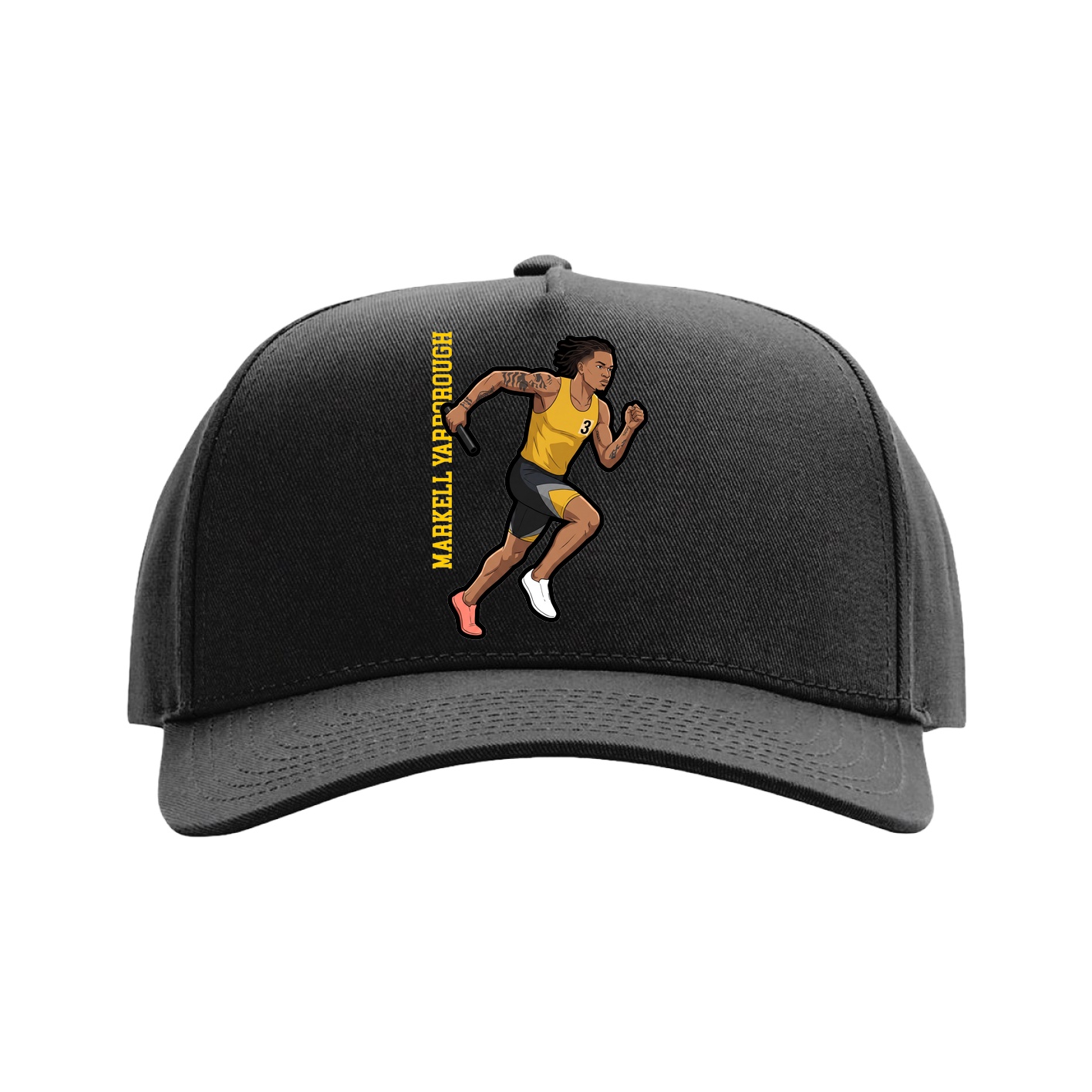 Full Fabric Five-Panel Champ Cap — Name Vertical in Black