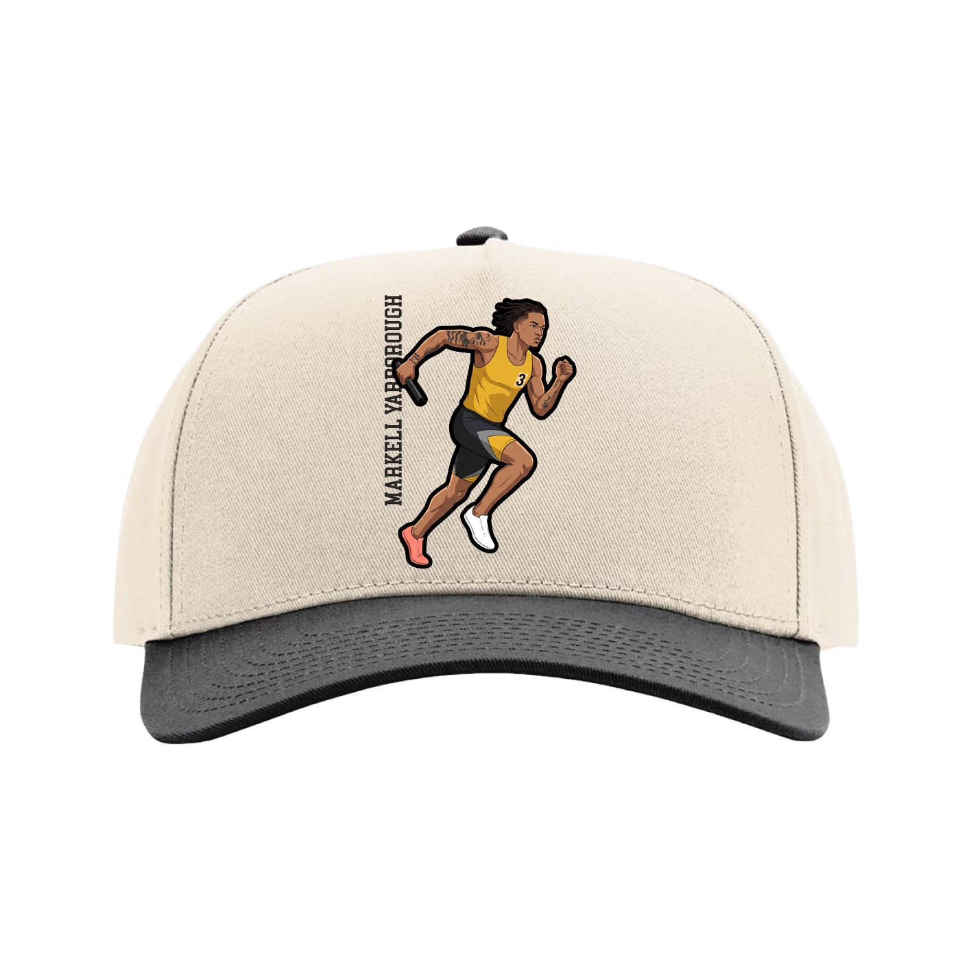 Full Fabric Five-Panel Champ Cap — Name Vertical in Cream/Black