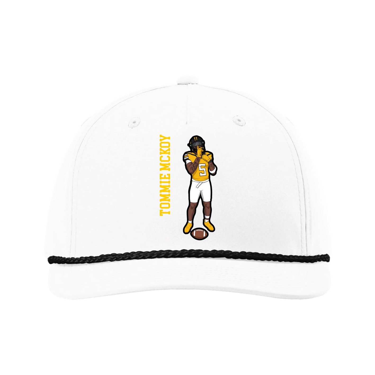 Five-Panel Classic Rope Cap — Name Vertical in White