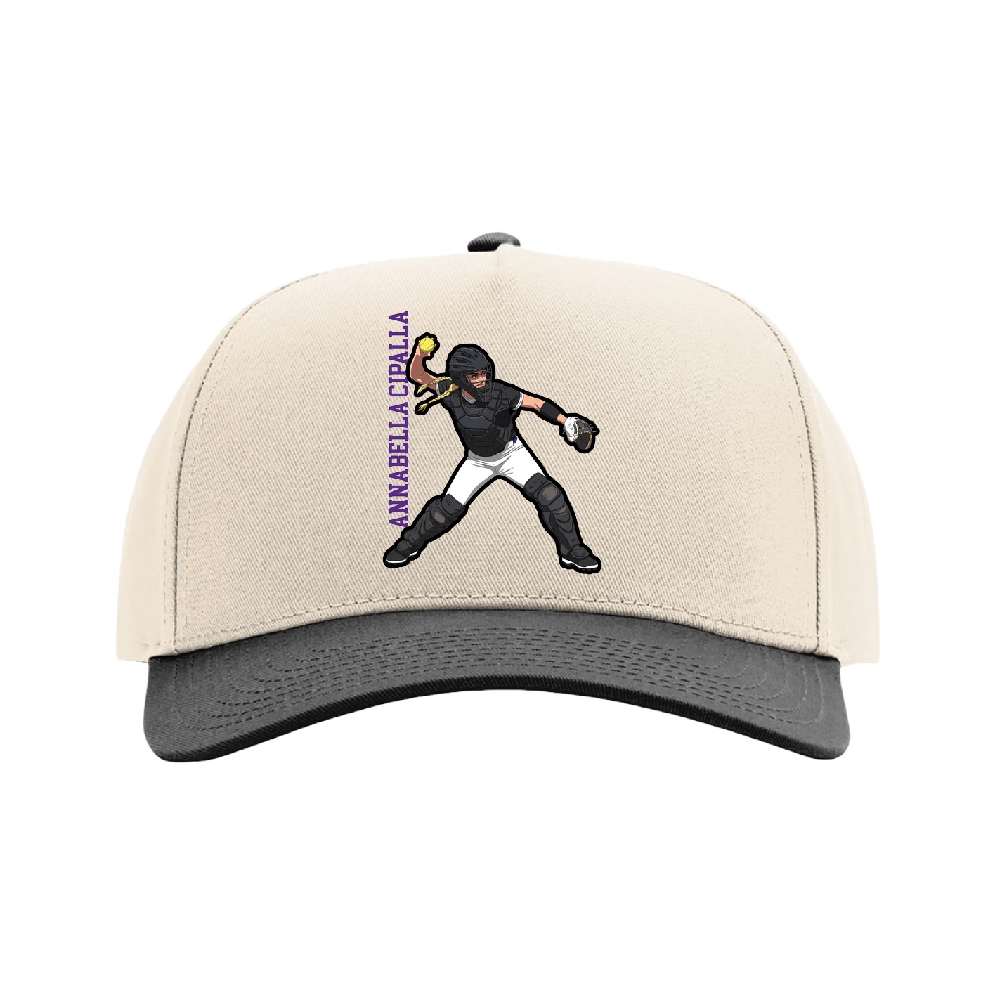 Full Fabric Five-Panel Champ Cap — Name Vertical in Cream/Black