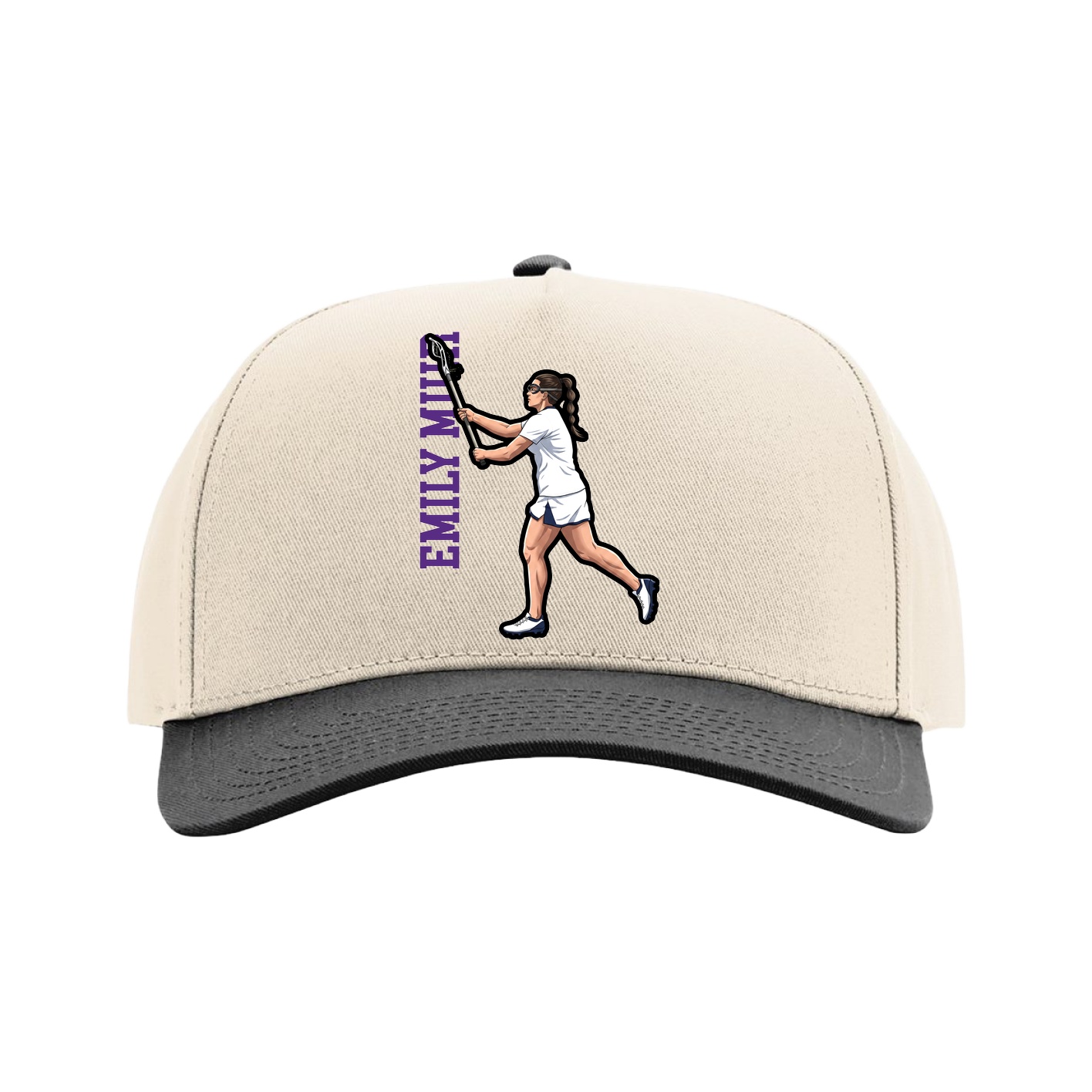 Full Fabric Five-Panel Champ Cap — Name Vertical in Cream/Black