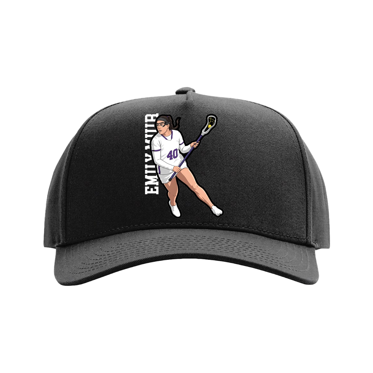 Full Fabric Five-Panel Champ Cap — Name Vertical in Black