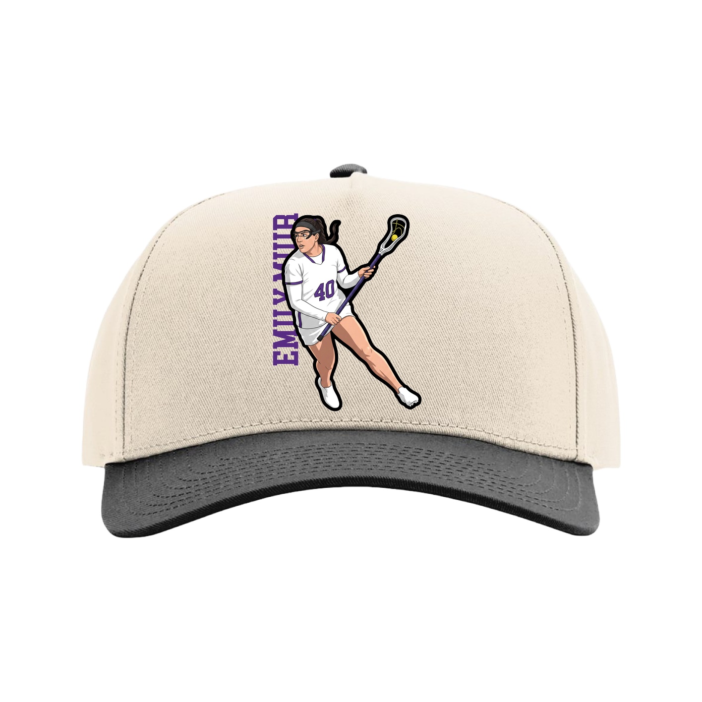 Full Fabric Five-Panel Champ Cap — Name Vertical in Cream/Black