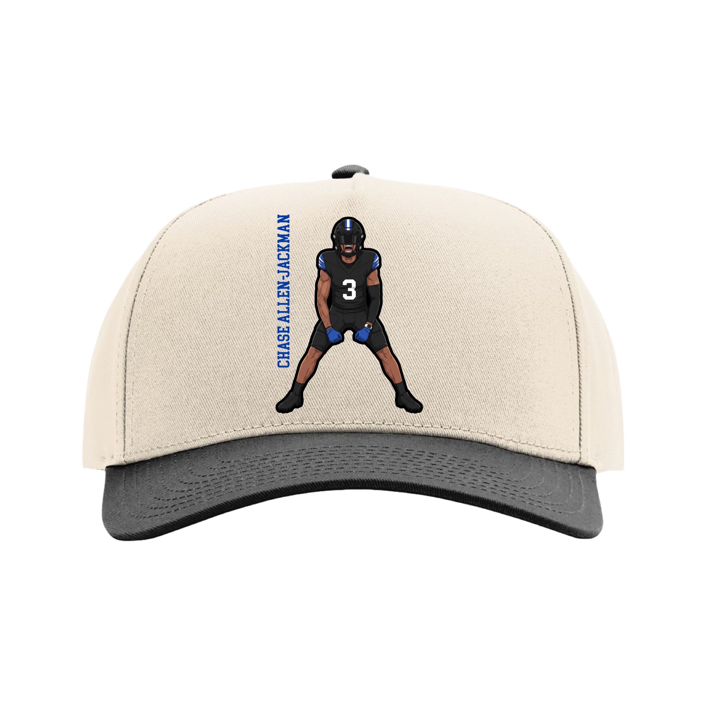 Full Fabric Five-Panel Champ Cap — Name Vertical in Cream/Black