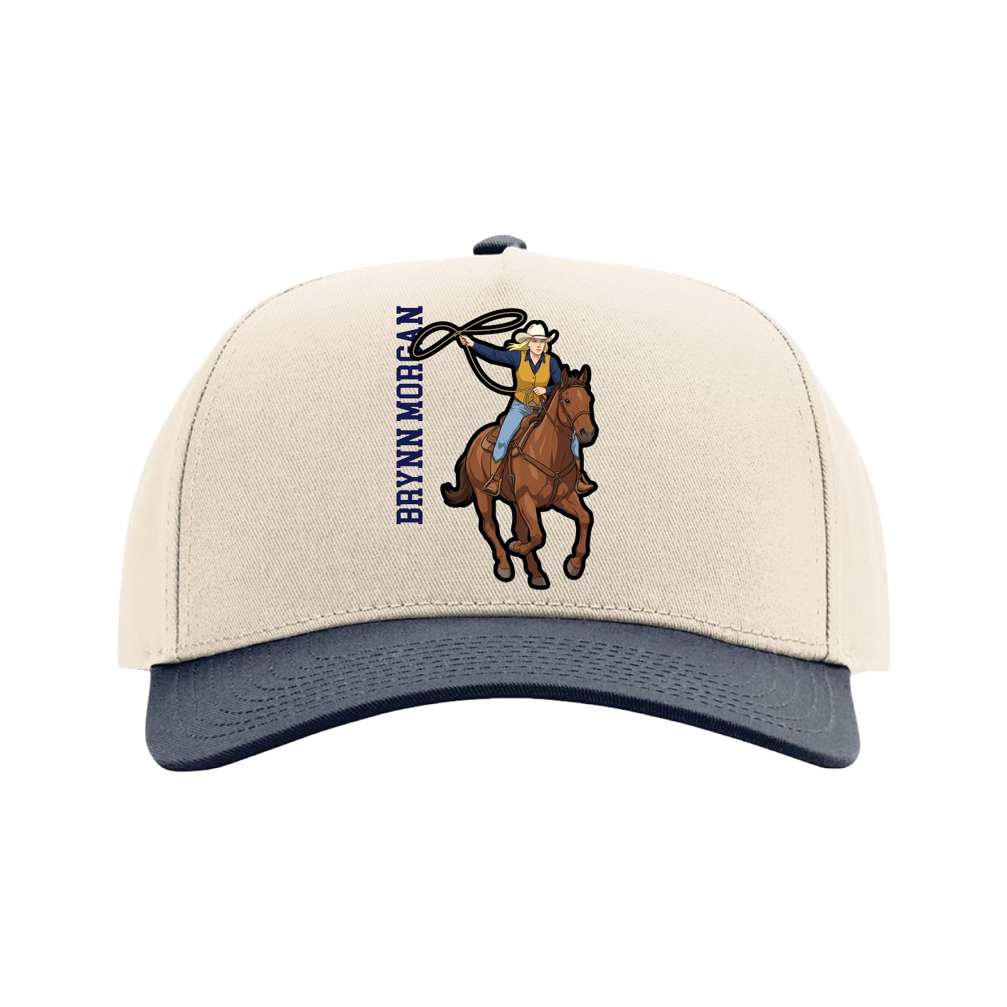 Full Fabric Five-Panel Champ Cap — Name Vertical in Cream/Navy