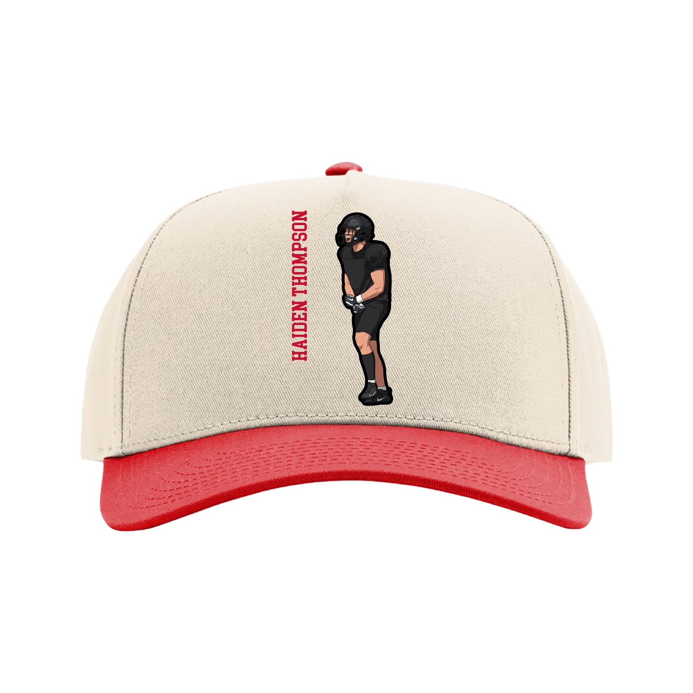 Full Fabric Five-Panel Champ Cap — Name Vertical in Cream/Red