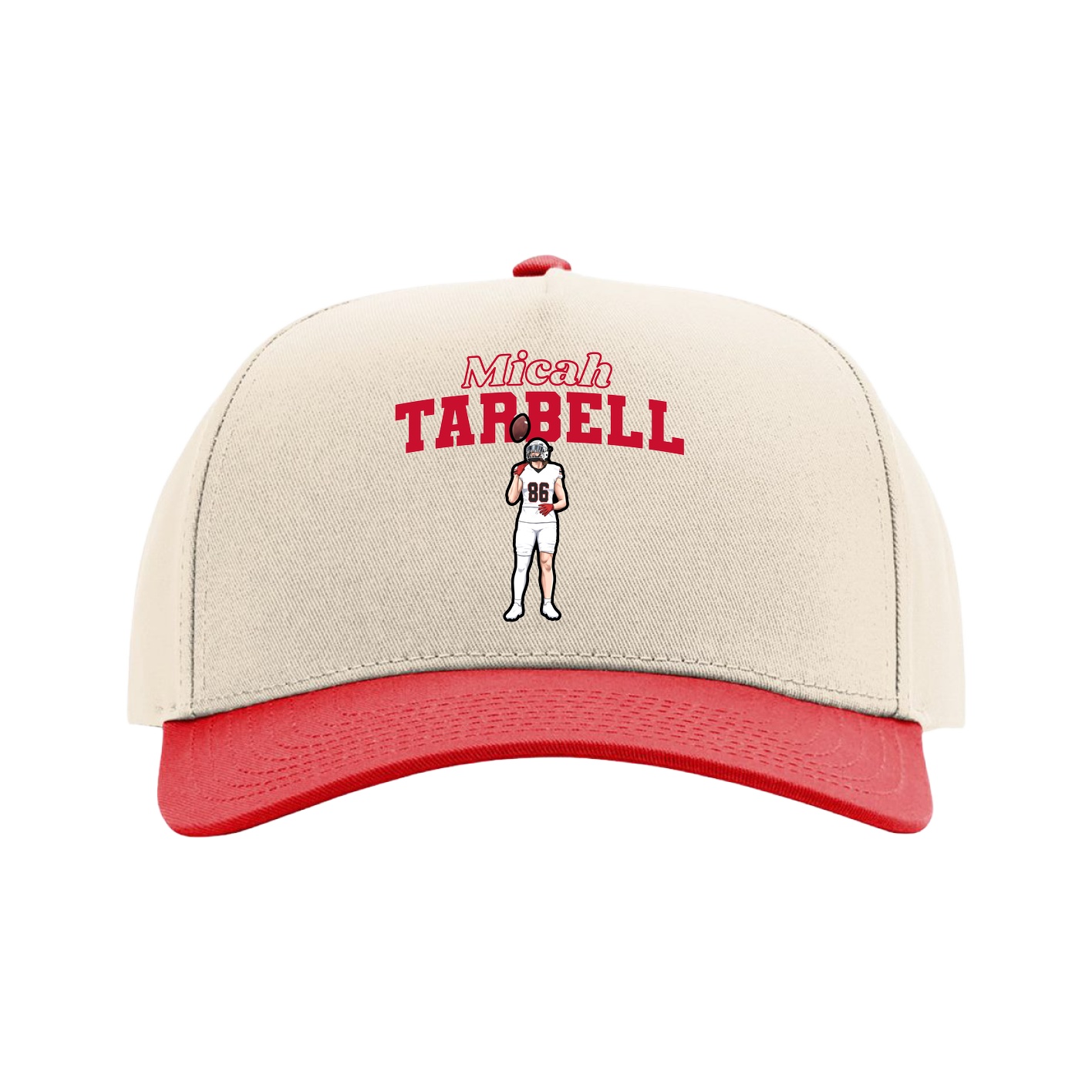 Full Fabric Five-Panel Champ Cap — Name Arch in Cream/Red