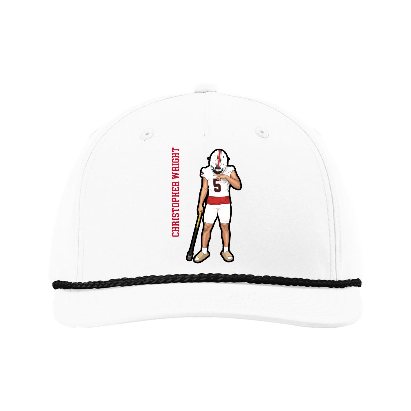 Five-Panel Classic Rope Cap — Name Vertical in White