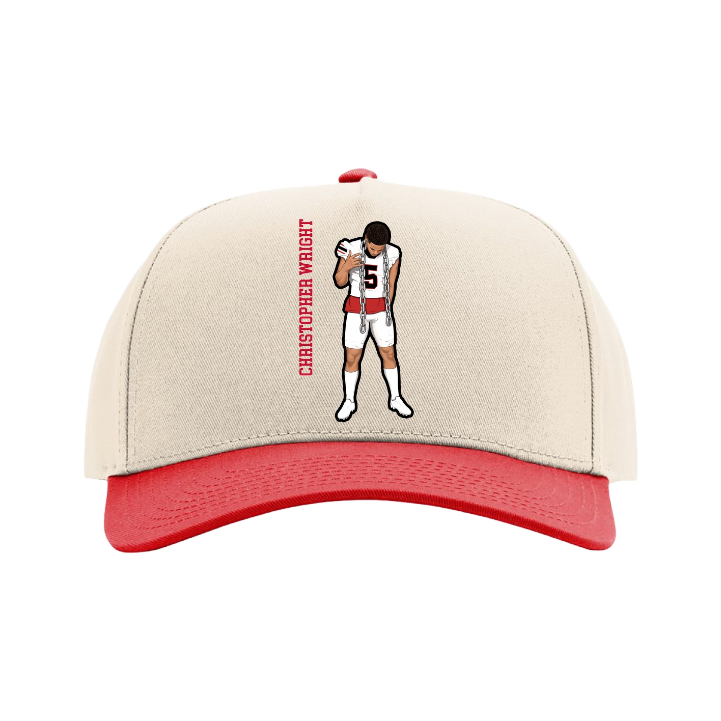 Full Fabric Five-Panel Champ Cap — Name Vertical in Cream/Red