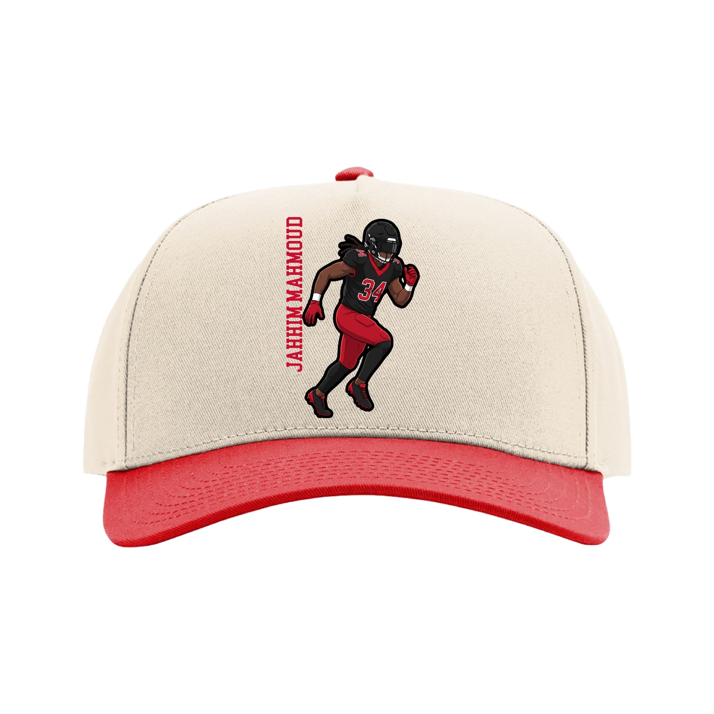 Full Fabric Five-Panel Champ Cap — Name Vertical in Cream/Red